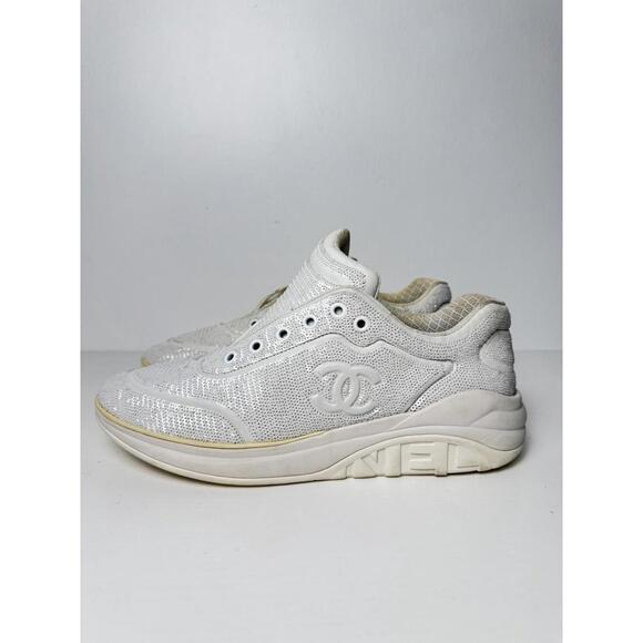 Chanel Sequin CC Sneakers White Silver Men’s 9 EU 42